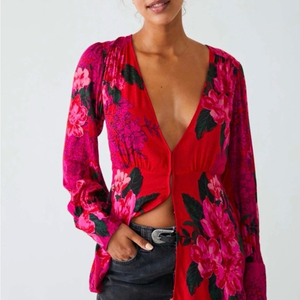 Free People Long Sleeve V Neck Red Pink Black Blouse